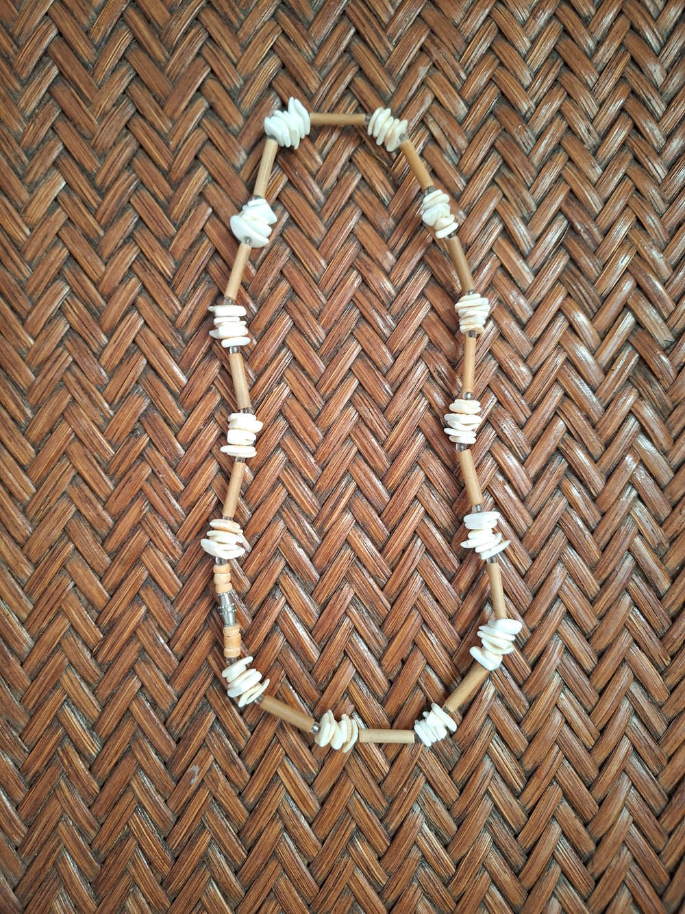 Shell Bead Strand Necklace in White and Tan